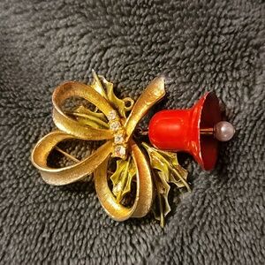 Vintage Christmas Bell Enamel Brooch Signed ART